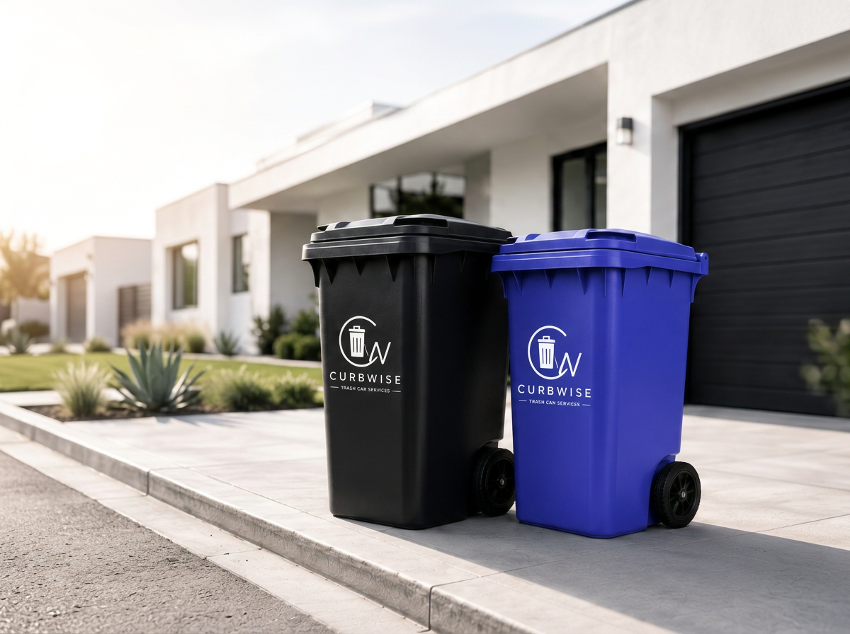 A matte black CurbWise trash bin and a royal blue CurbWise recycling bin at the curb of a modern home